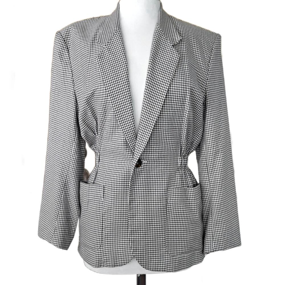 Vintage ESPRIT Check Jacket Blazer Size 5/6 Gray & White Cinched Waist Blouson
